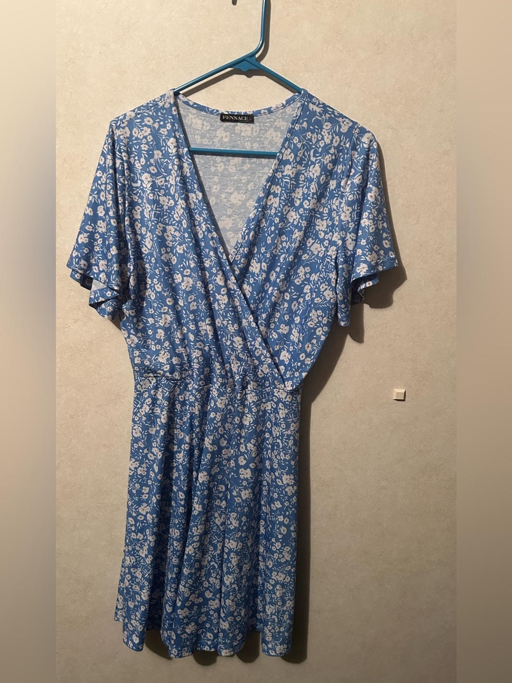 Large Blue white floral Fensace midi wrap dress.